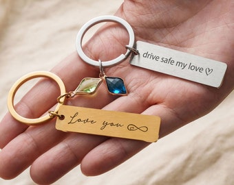 Personalized Drive Safe Keychain Birth Month Stone | Keychain for Boyfriend | Graduation Gift for her | Engraved Custom Keychain