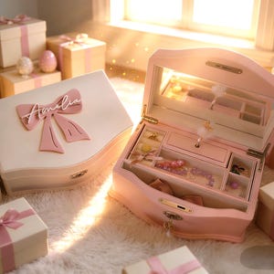 Pode incluir: Uma caixa de joias rosa-claro com tampa articulada, espelho e uma bailarina giratória no interior. O exterior apresenta um grande laço rosa com o nome Amelia escrito em letras brancas. A caixa está aberta, revelando vários compartimentos.