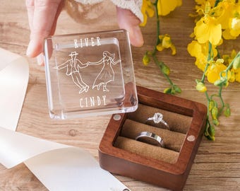 Personalized Engagement Ring Box, Custom Wooden Ring Box, Double Slot Wedding Ring Box, Ring Bearer Box, Anniversary Gift for her DLY
