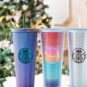 Personalized Iridescent Studded Tumbler, 24oz Custom Name Travel Cup with Straw, Personalized Gifts for Her Best Friend Holliday Gift