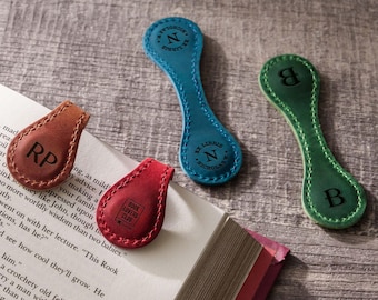 Monogram Leather Magnetic Bookmark: Engraved Reader Gift