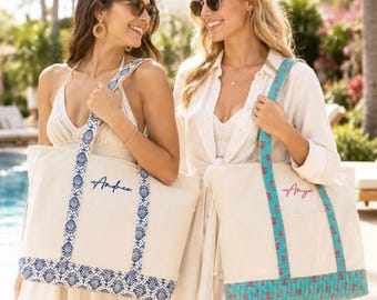 Custom Embroidered Block Print Beach Tote Bag, Personalized Name Canvas Tote, Teacher Gift, Vacation Beach Bag, Weekend Tote