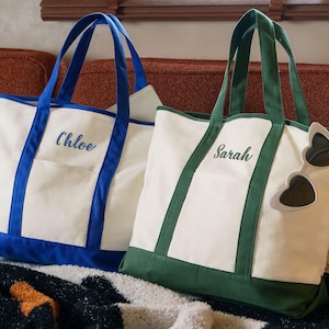 Custom Tote Bag, Personalized Canvas Totes, Green Blue Boat Tote Bags - Gift for Her Mom, Bridesmaid Gifts Christmas Gifts DLY
