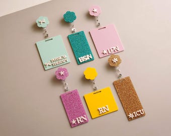 Custom Badge Buddy ID Holder, Acrylic Nurse Tag, RN Gift, Cute Personalized Badge Plate with Color Options