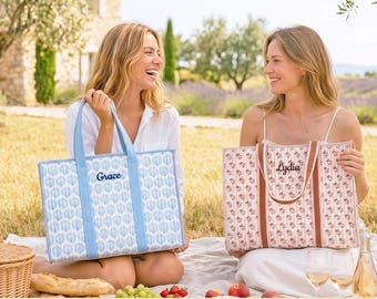 Personalized Embroidered Block Print Tote Bag, Custom Quilted Cotton Beach Bag, Monogram Gift for Her