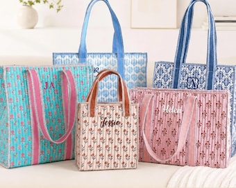 Personalized Embroidered Block Print Tote Bag, Custom Quilted Cotton Beach Bag, Monogram Gift for Her