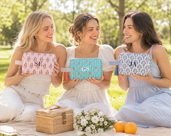 Floral Block Print Quilted Makeup Bag with Handle, Personalized Embroidered Cosmetic Bag, Monogram Toiletry Pouch, Bridesmaid Gift [N]