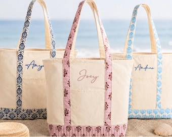Custom Embroidered Block Print Beach Tote Bag, Personalized Name Canvas Tote, Bridesmaid Gift, Bachelorette Favor, Weekend Beach Bag