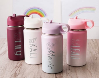 Personalisierte Name Tasse Geschenk für Kinder | Blumenmädchen Geschenk Benutzerdefinierte Name Kinder Becher 12 Unzen Edelstahl 8 Farben | Kinder Geburtstag Geschenk