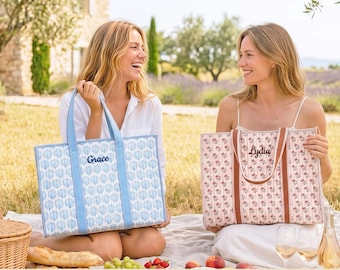 Personalized Embroidered Block Print Tote Bag, Custom Quilted Cotton Beach Bag, Monogram Gift for Her
