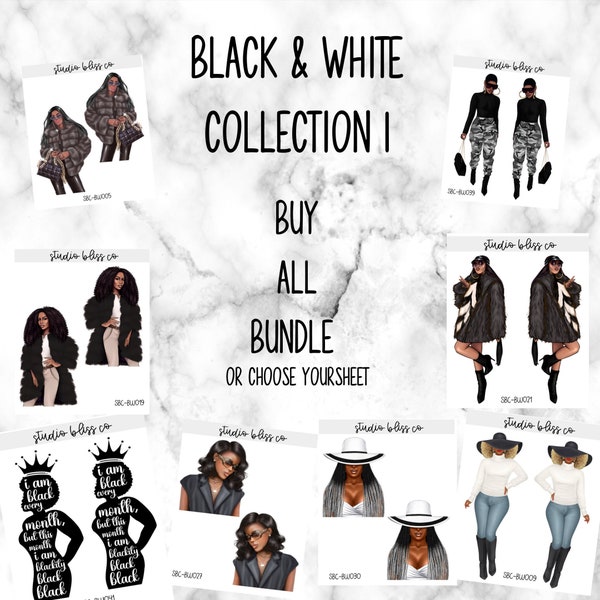 Planner Stickers | Dolls | Black and White Collection I | Choose Your Sheet | Bundle & Save | SKU SBCBW001 - SBCBW044