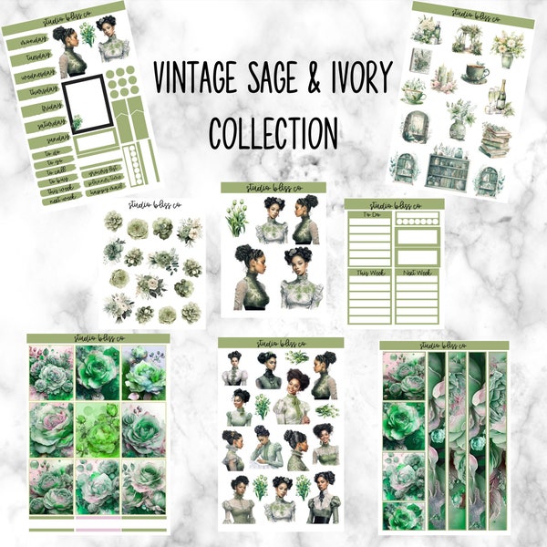 Transparent Matte Planner Sticker Kit, Weekly Planner Kit, Decorative Stickers, Vintage Sage & Ivory Collection Transparent