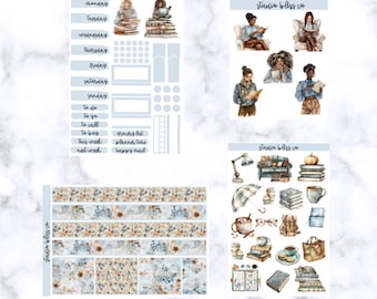 May include: A collection of planner stickers with a reading theme. The stickers feature illustrations of people reading, books, coffee cups, and floral patterns. The color palette includes blue, brown, and orange tones. The text "studio bliss co" is visible.
