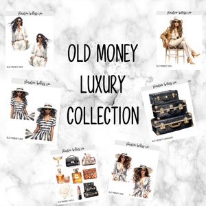 May include: A collection of digital stickers featuring illustrations of women in stylish outfits, luggage, and accessories. The stickers are labeled "Old Money Luxury Collection".
