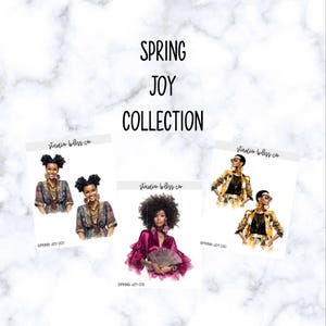 May include: The image showcases a collection of watercolor illustrations labeled "Spring Joy Collection." The illustrations feature portraits of women with various hairstyles and outfits. The background is a marble pattern.