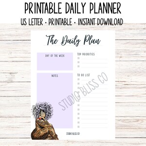 May include: Printable daily planner with a purple background and a black and white illustration of a woman with curly hair. The planner includes sections for the day of the week, top priorities, notes, and a to-do list.