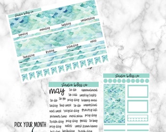 Mermaid Ocean Monthly Mini Planner Sticker Kit, Monthly Sticker Kit, Pick Your Month, Reformat