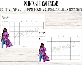 Undated Monthly Calendar | Printable | Digital Download | Monday Start | Sunday Start | Diamond