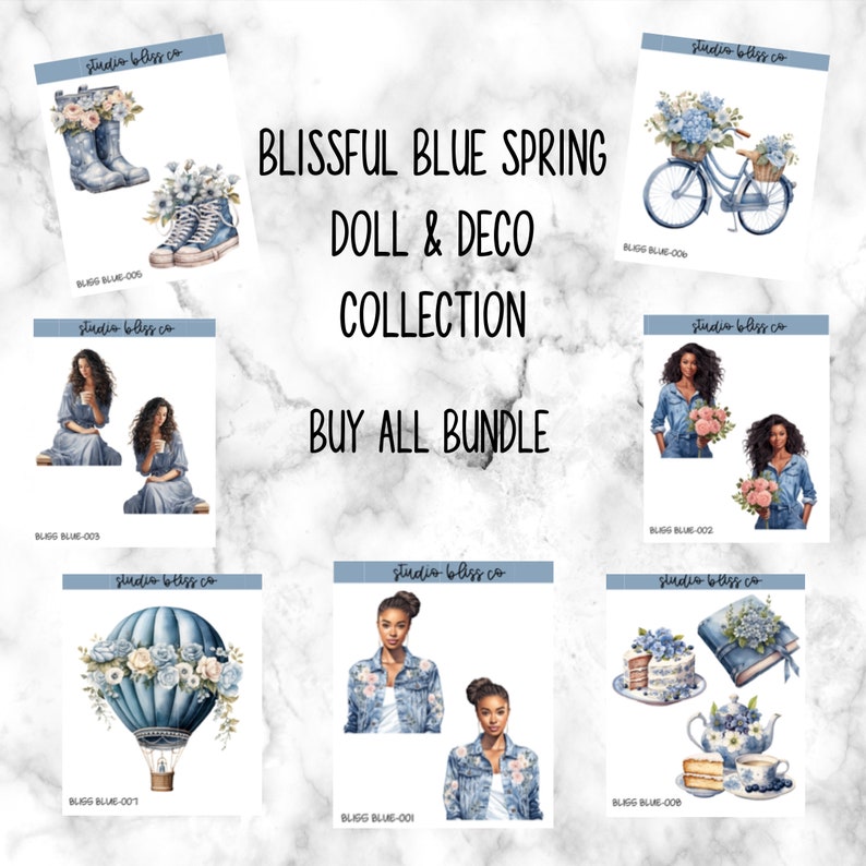 Planner Stickers Dolls Deco Bundle & Save Gentle Spring Doll and Deco Collection Choose Your Sheet Blissful Blue Spring Buy All Bundle (8)