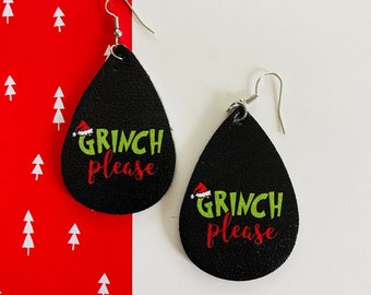 Grinch Earrings| Grinch Jewelry| Grinch Faux Leather Earrings| Teardrop Earrings| Grinch Inspired Earrings| Grinch Theme| Christmas Earrings