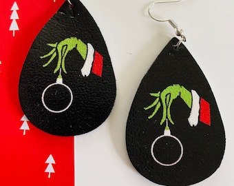 Grinch Earrings| Grinch Jewelry| Grinch Faux Leather Earrings| Teardrop Earrings| Grinch Inspired Earrings| Grinch Theme| Christmas Earrings