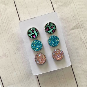 Druzy Earrings, Stud Earrings, 3pk Set Druzy Earrings, Druzy 12mm Earrings, Cheetah Earrings, Chunky Druzy Earrings, Pink Druzy, Aqua Druzy