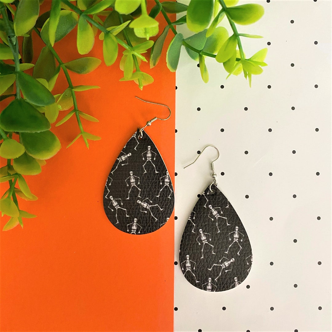 Halloween Skeleton Earrings, Halloween Teardrop Double Sided Faux Leather Earrings, Faux, Black