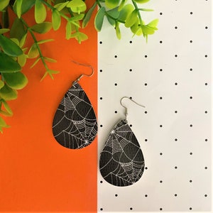 Halloween Large Cobweb Earrings, Halloween Teardrop Earrings, Double Sided Faux Leather Earrings, Halloween, Black Large Spiderweb Earrings