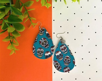 Halloween Faux Leather Earrings, Sugar Skulls, Halloween Earrings, Teardrop Earrings, Fun Skull Earrings,  Teal, Day fo The Dead, Spooky