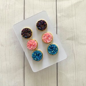 Druzy Earrings, Stud Earrings, 3pk Set Druzy Earrings, Druzy 12mm Earrings, Earring Gift Set, Chunky Druzy Earrings, Pink Druzy, Blue Druzy