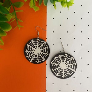 Halloween Spiderweb Earrings, Halloween Circle Earrings, Double Sided Faux Leather Earrings, Halloween Jewelry, Spiderweb, Black and White