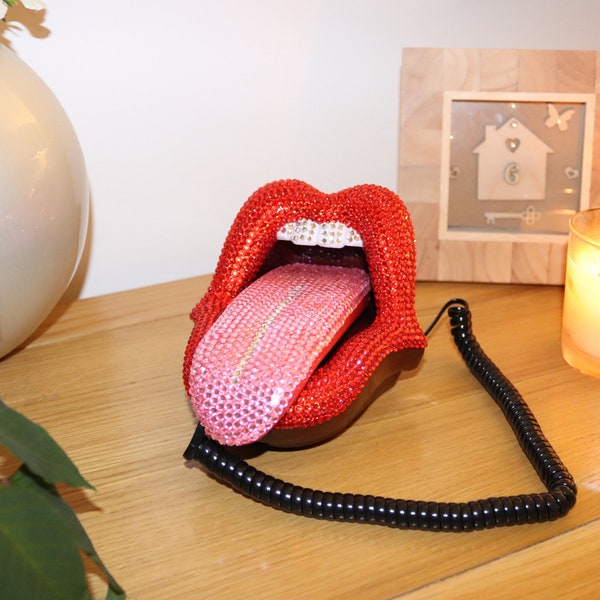 Vintage Funky Tongue and Mouth Novelty Sexy Rolling Stones Jeweled Landline Telephone Wired Corded Phone for Home Office Decoration