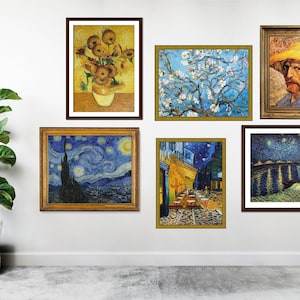 May include: A gallery wall featuring six framed paintings by Vincent van Gogh. The paintings include a still life of sunflowers, a blooming almond tree, a self-portrait, and three different versions of "Starry Night".