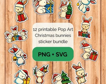 Pop Art Christmas bunny sticker bundle - PNG SVG digital download