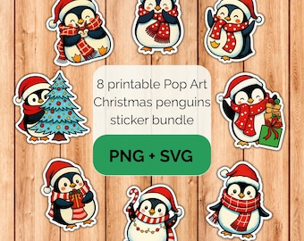 Pop Art Christmas penguins sticker bundle - PNG SVG digital download