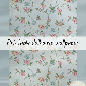 Romantic rose floral valentine&#39;s day blue printable dollhouse wallpaper 1:6 scale download
