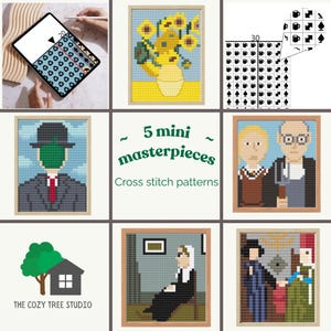May include: A collection of five mini cross stitch patterns featuring pixelated art inspired by famous paintings, including sunflowers, a man with a green apple face, a couple with a pitchfork, a seated figure, and a pair in period clothing.