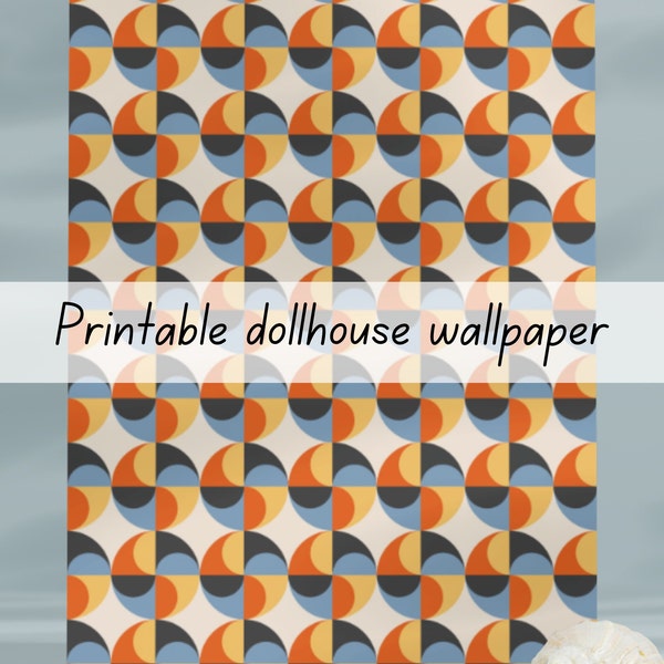 Retro colourful circle dollhouse wallpaper 1:6 scale printable download