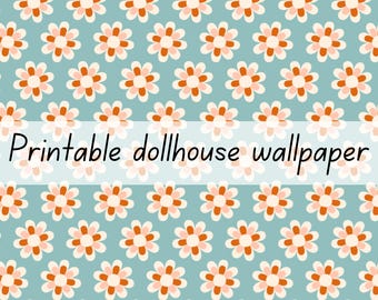 Blue flowers dollhouse wallpaper 1:6 scale printable download