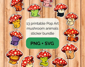 Pop Art mushroom hat animals sticker bundle - PNG SVG digital download