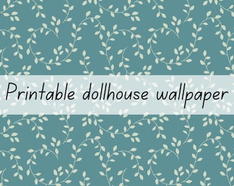 Blue leaves dollhouse wallpaper 1:6 scale printable download