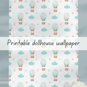 Heißluftballons, Wolken, Sterne Puppenhaus Kinderzimmer Tapete 1:6 druckbare Download