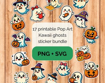 Pop Art Kawaii Halloween ghosts sticker bundle - PNG SVG digital download