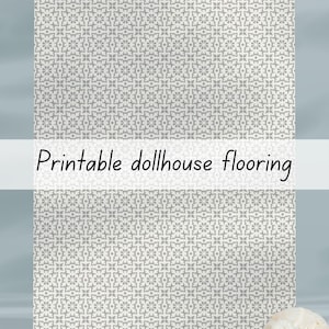 May include: Printable dollhouse flooring with a gray and white geometric pattern. The flooring is shown on a light blue background.
