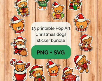 Pop Art Christmas bears sticker bundle - PNG SVG digital download