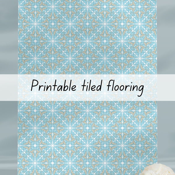 Tiled dollhouse flooring kitchen bathroom light blue turquoise aqua white tiles 1:6 scale printable download