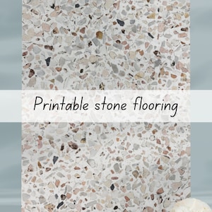 Op de afbeelding: Printbaar stenen vloerpatroon met een witte achtergrond en kleine, kleurrijke stenen. De tekst "Printable stone flooring" staat in het zwart bovenaan de afbeelding.