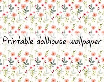Ditsy pink and green flower dollhouse wallpaper 1:6 scale printable download