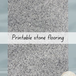 Op de afbeelding: Printbare steen vloer textuur met een lichtgrijze achtergrond en donkergrijze vlekken. De tekst "Printbare steen vloer" is in zwart gedrukt op een witte banner.