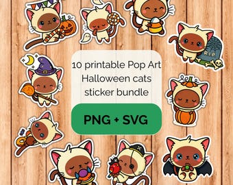 Pop Art Kawaii Halloween cats sticker bundle - PNG SVG digital download